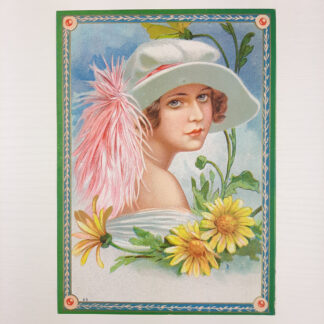 Etichetta pubblicitaria a colori con raffigurata una giovane donna con fiori gialli - vintage
