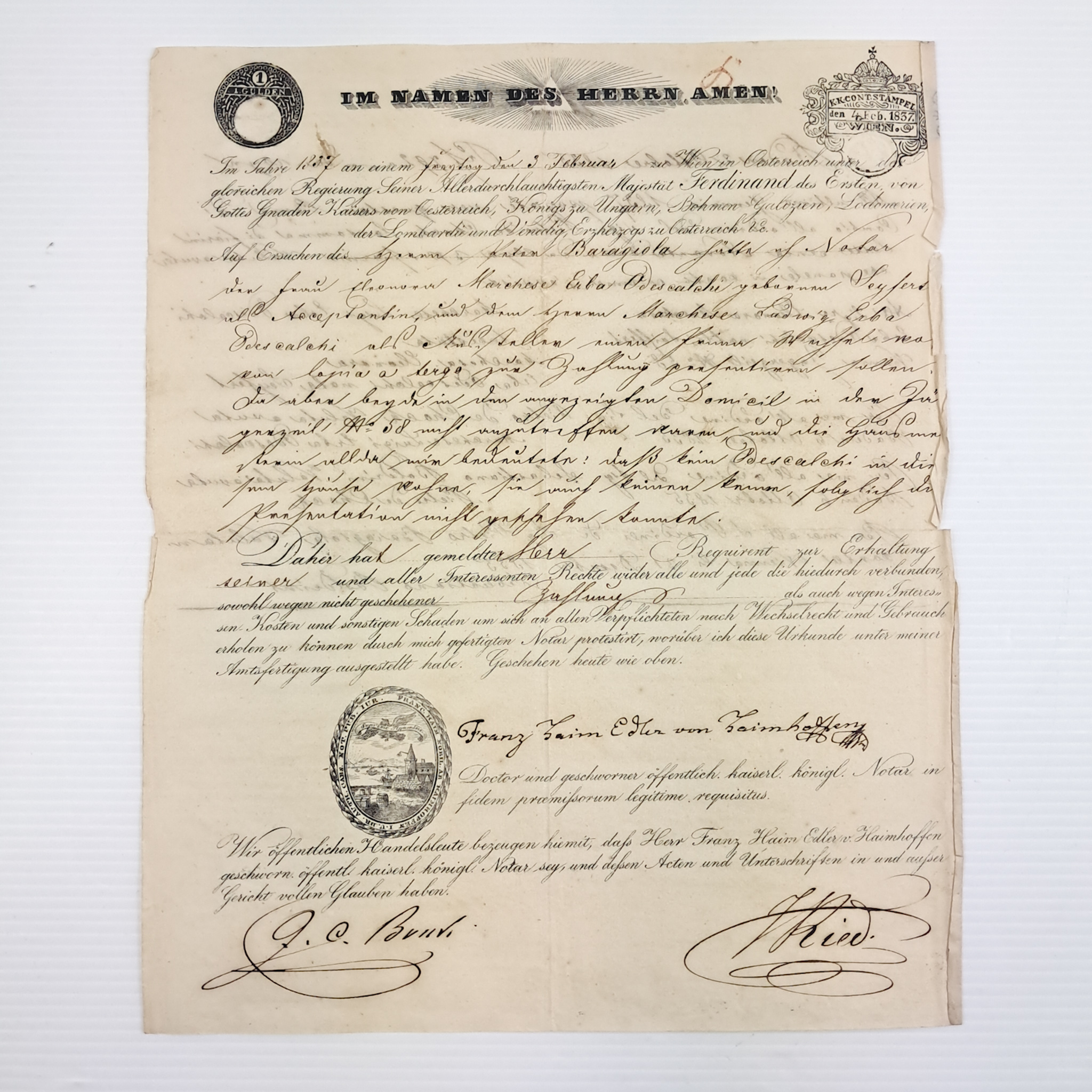 *Documento notarile originale dell’Impero Austriaco – 1857 Con quietanze manoscritte del 1835