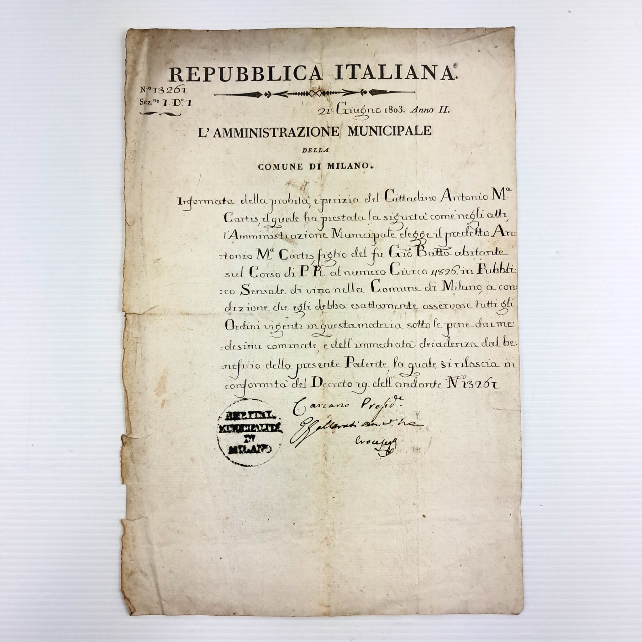 C00014663-120 Licenza ufficiale anno 1803 - nomina a "PUBBLICO SENSALE DI VINO" – Milano NAPOLEONICA